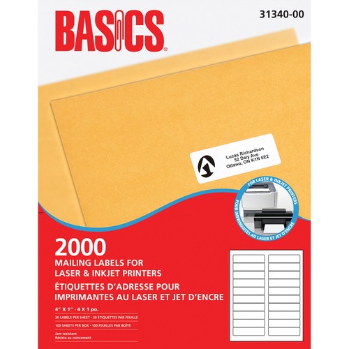 Basics® Mailing Labels for Laser Printers 4" x 1" White (2,000 Labels) 100 sheets/box - 4" Width x 1" Length - Rectangle - Laser, Inkjet - White - 20 / Sheet - 100 Total Sheets - 2000 Total Label(s) - 100 / Box