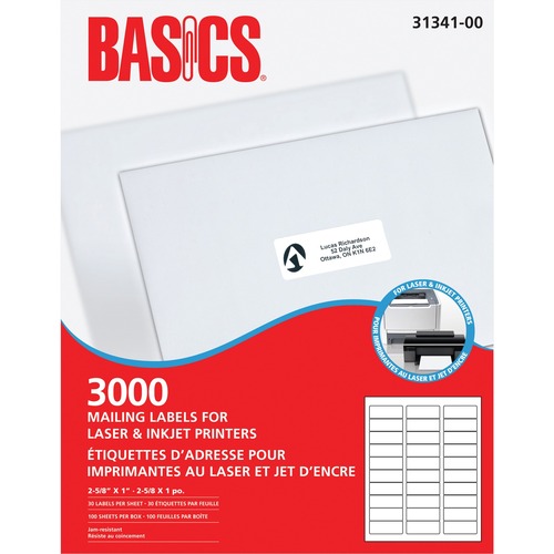 Basics® Mailing Labels for Laser Printers 2-5/8" x 1" White (3,000 Labels) 100 sheets/box - 2 5/8" Width x 1" Length - Rectangle - Laser, Inkjet - White - 30 / Sheet - 100 Total Sheets - 3000 Total Label(s) - 100 / Box - Jam-free