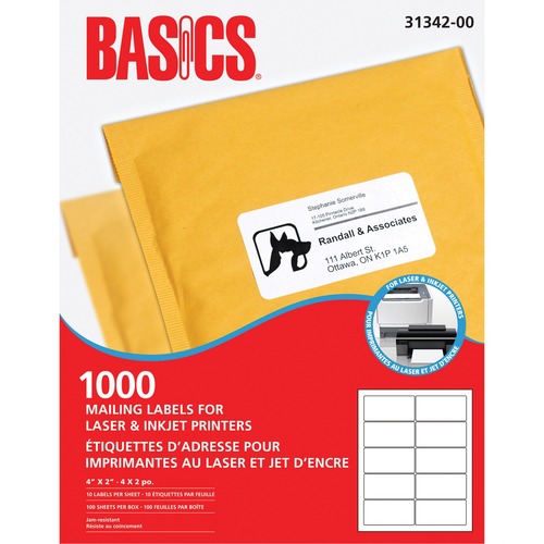 Basics® Mailing Labels for Laser Printers 4" x 2" White (1,000 Labels) 100 sheets/box - 4" Width x 2" Length - Rectangle - Laser, Inkjet - White - 10 / Sheet - 100 Total Sheets - 1000 Total Label(s) - 100 / Box - Jam-free