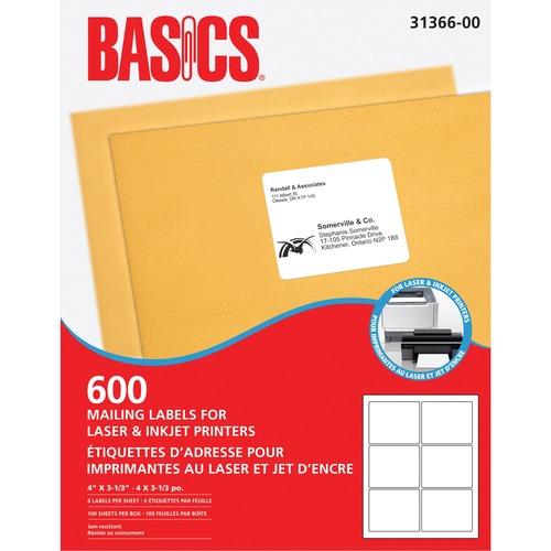 Basics® Mailing Labels for Laser Printers 4" x 3-1/3" White (600 Labels) 100 sheets/box - 4" Width x 3 21/64" Length - Rectangle - Laser, Inkjet - White - 6 / Sheet - Jam-free - Mailing & Address Labels - BAO3136600