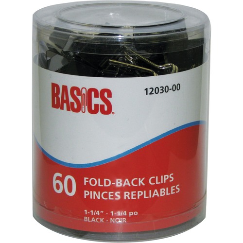 Basics® Fold-Back Clips 1-1/4" 60/tub - 1.25" (31.75 mm) Length - Black - Metal - 60 / Tub