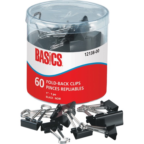 Basics® Fold-Back Clips 1" 60/tub - 1" (25.40 mm) Length - Black - Metal - 60 / Tub