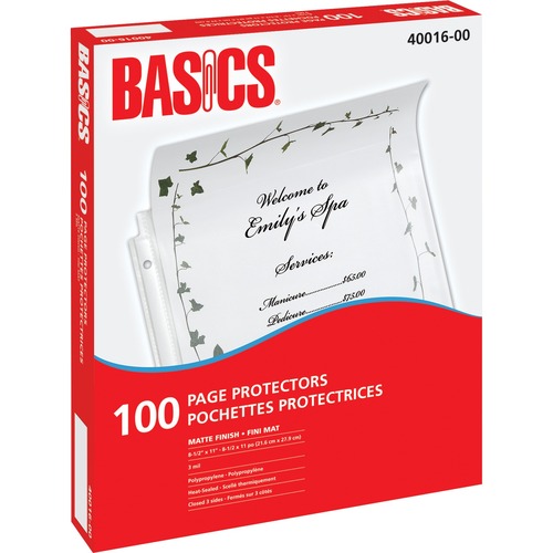 Basics® Page Protectors 3 mil Matte Letter 100/box - For Letter 8 1/2" x 11" Sheet - Rectangular - Clear - 100 / Box - Sheet Protectors - BAO4001600