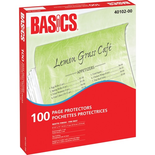 Basics® Page Protectors 2 mil Matte Letter 100/box - For Letter 8 1/2" x 11" Sheet - Rectangular - Clear - 100 / Box