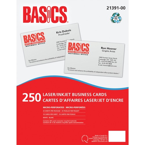 Basics® Business Cards Laser & Inkjet White 250/pkg - 2" x 3 1/2" - 65 lb Basis Weight - 250 Card