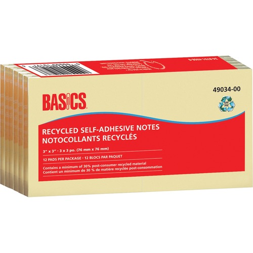 Basics® Recycled Self-Adhesive Notes 3" x 3" 100 sheets per pad Yellow 12 pads/pkg - 1200 x Yellow - 3" x 3" - Square - 100 Sheets per Pad - Yellow - Self-adhesive - 12 Pad