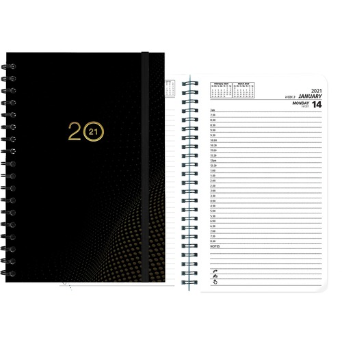 Basics® Daily Diary Wire Bound English 8" x 5" Black - Daily - 7:00 AM to 8:00 PM - Half-hourly - 1 Day Single Page Layout - 5" x 8" Sheet Size - Wire Bound - Black - Appointment Schedule, Telephone Section, Address Section, Flexible Cover