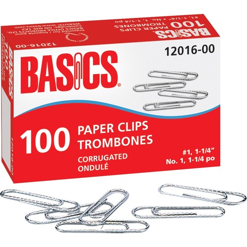 Basics® Paper Clips #1, 1-1/4" 100 per box 10 boxes/pkg - No. 1 - 1.25" (31.75 mm) Length - 100 / Box - Silver - Metal - Paper Clips - BAO1201600