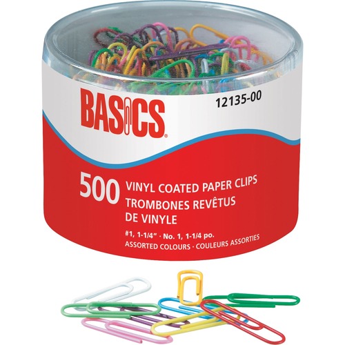 Basics® Vinyl Coated Paper Clips #1 1-1/4" 500/tub - No. 1 - 1.25" (31.75 mm) Length - 500 / Tub - Assorted - Vinyl - Paper Clips - BAO1213500