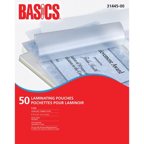 Basics® Laminating Pouches 3 mil 9" x 11-1/2" 50/pkg - Sheet Size Supported: Letter 8.50" (215.90 mm) Width x 11" (279.40 mm) Length - Laminating Pouch/Sheet Size: 9" Width x 11.50" Length x 3 mil Thickness - 50 / Pack