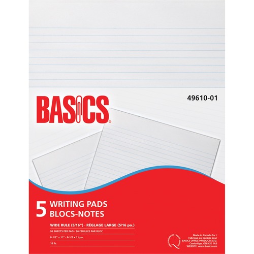 Basics® Writing Pad Wide Rule Letter 96shts 5 pads/pkg - 96 Sheets - Wide Ruled - 15 lb Basis Weight - 8 1/2" x 11" - 5 / Pack
