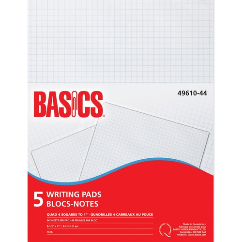 Basics® Writing Pad Quad Letter 96 shts 5 pads/pkg - 96 Sheets - Printed - 15 lb Basis Weight - Letter - 8 1/2" x 11" - 5 / Pack - Quadrille Pads - BAO4961044