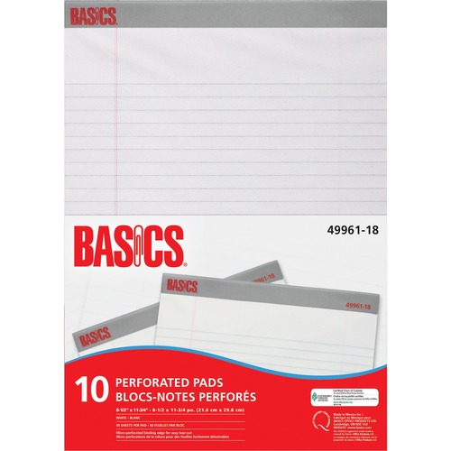 Basics® Perforated Pads 8-1/2x11-3/4" White 50shts/pad 10 pads/pkg - 50 Sheets - 8 1/2" x 11 3/4" - Perforated, Easy Tear - 10 / Pack