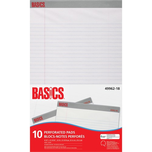 Basics® Perforated Pads 8-1/2x13-15/16" White 50shts/pad 10 pads/pkg - 50 Sheets - 8 1/2" x 13 15/16" - Perforated, Easy Tear - 10 / Pack