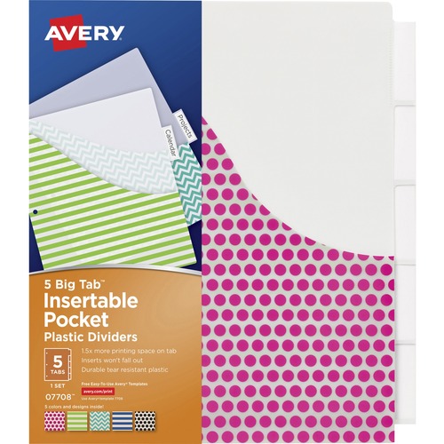 Avery Big Tab Insertable Plastic Pocket Dividers - 180 x Divider(s) - 180 Tab(s) - 5 - 5 Tab(s)/Set - 9.3" Divider Width x 11.25" Divider Length - 3 Hole Punched - Multicolor Plastic Divider - Clear Plastic Tab(s) - Hole-punched, Insertable, Customizable,