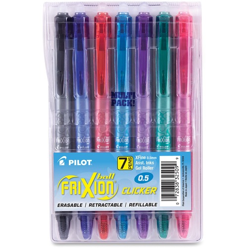 Pilot FriXion 0.5mm Clicker Erasable Gel Pens - 0.5 mm Extra Fine Pen Point - Refillable - Retractable - Erasable - Black, Blue, Red, Turquoise, Purple, Green, Pink Ink - Gel-based - Black, Blue, Red, Turquoise, Purple, Green, Pink Barrel - 7 / Pack