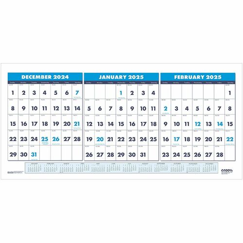 House of Doolittle 3-month Horizontal Wall Calendar - Julian Dates - Monthly - 14 Month - December 2023 - January 2025 - 12" x 23 1/2" Sheet Size - 1.63" x 1.38" Block - Wire Bound - Multi - 12" Height x 23.5" Width - Reference Calendar, Eyelet - 1 Each