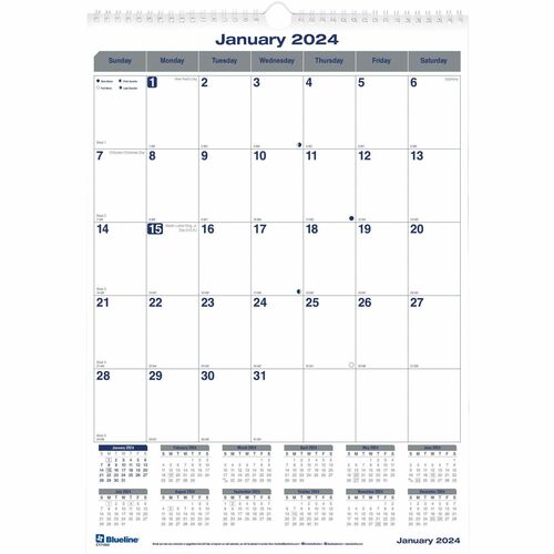 Blueline Net Zero Carbon Wall Calendar - Julian Dates - Monthly - 12 Month - January 2024 - December 2024 - 1 Month Single Page Layout - 12" x 17" White Sheet - Twin Wire - White - Chipboard - Black CoverReference Calendar, Reinforced, Tear-off - 1 Each