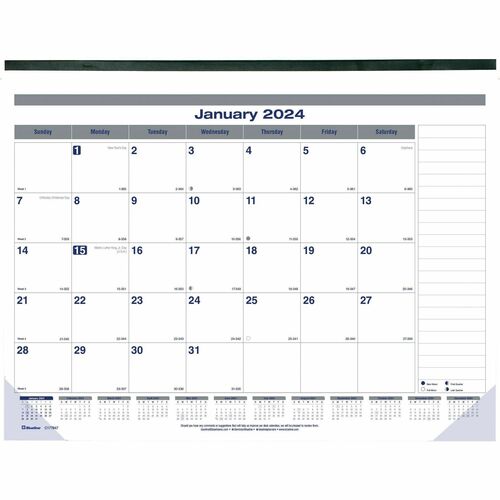 Blueline Net Zero Carbon Desk Pad - Julian Dates - Monthly - 12 Month - January 2024 - December 2024 - 1 Month Single Page Layout - 22" x 17" White Sheet - Twin Wire - Desk Pad - White - Chipboard - Black CoverReference Calendar, Reinforced, Tear-off - 1 