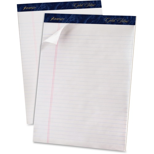 TOPS Gold Fibre Ruled Perforated Writing Pads - Letter - 50 Sheets - Watermark - Stapled/Glued - Front Ruling Surface - 0.34" Ruled - Ruled Margin - 20 lb Basis Weight - Letter - 8 1/2" x 11 3/4" - White Paper - Dark Blue Binding - Micro Perforated, Bleed
