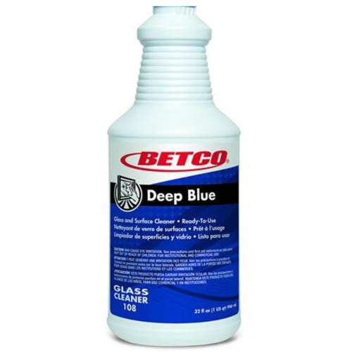 Betco Deep Blue Glass & Surface Cleaner - For Glass, Window, Stainless Steel, Plastic, Porcelain, Chrome - 128 fl oz (4 quart) - Pleasant Scent - Non-streaking, Non-smearing, Non-flammable, Phosphate-free, Residue-free - Deep Blue Bottle - 12 / Carton