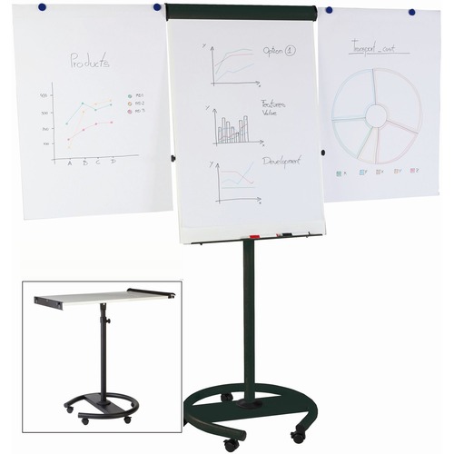 MasterVision MV 360 Degree Gold Ultra Mobile Easel - 26.5" (2.2 ft) Width x 38.5" (3.2 ft) Height - White Lacquered Steel Surface - Black Aluminum Frame - Magnetic - Pen Tray, Locking Casters, Mobility, Adjustable, Scratch Resistant - Assembly Required - 