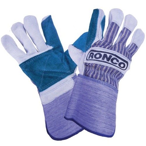 RONCO Split Leather Fitter Double Palm With 4 inch Gauntlet Cuff - White/Blue Stripes - Leather Palm, Cotton Back, Polyethylene Cuff - Gauntlet Cuff, Abrasion Resistant, Cut Resistant, Reinforced Fingertip, Knuckle Strap, Breathable, Comfortable - For Gen - Gloves - RON90615