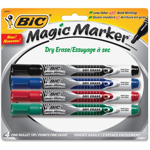 BIC Great Erase Liquid Ink Dry Erase Markers - Fine Marker Point - Bullet Marker Point Style - Black, Blue, Red, Green - 4 / Pack - Dry Erase Markers - BICGELIPP41AS