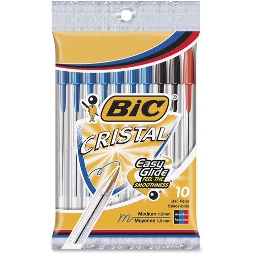 BIC Classic Cristal Ballpoint Pens - Medium Pen Point - 1 mm Pen Point Size - Assorted - Clear Barrel - Brass Tip - 10 / Pack - Ballpoint Retractable Pens - BICMSP101AST