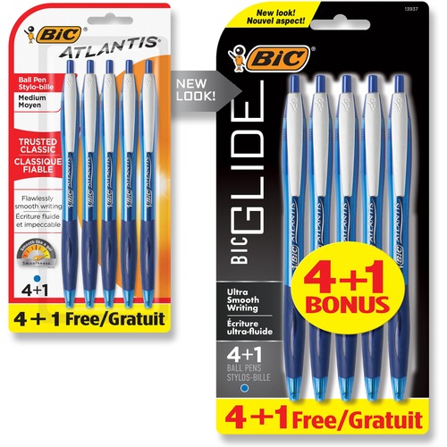 BIC Atlantis Easy Glide Retractable Ball Pens - Medium Pen Point - 1 mm Pen Point Size - Refillable - Retractable - Blue - Blue Barrel - Nickel Silver Tip - 4 / Pack