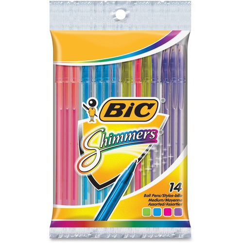 BIC Medium Point Shimmers Stick Pens - Medium Pen Point - 1 mm Pen Point Size - Assorted - Translucent Barrel - Brass Tip - 14 / Pack