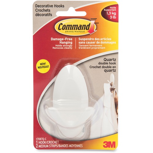Command Adhesive Double Hanging Hook - 1.36 kg Capacity - White - 1 / Pack