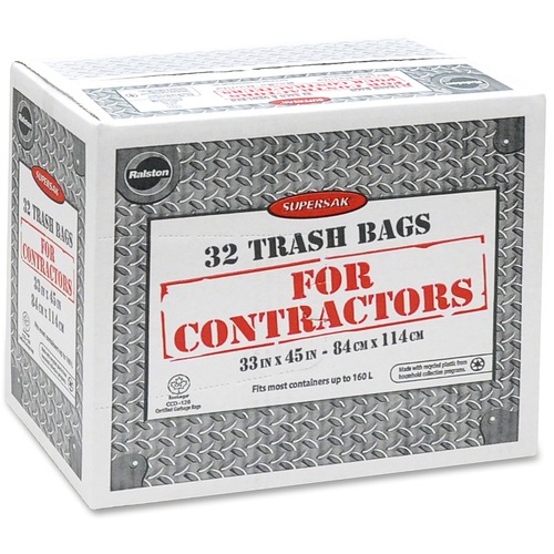 Supersak Contractor Grade 2.20 Mil Trash Bags - 160 L - 33" (838.20 mm) Width x 45" (1143 mm) Length x 2.20 mil (56 Micron) Thickness - Black - 32/Carton