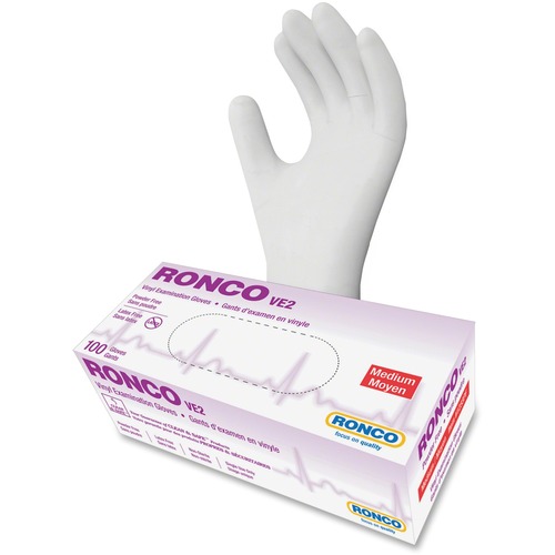 RONCO VE2 Vinyl Powder Free Exam Gloves - 4 mil (0.10 mm) Thickness - Medium Size - For Right/Left Hand - Clear - Latex-free, Comfortable, Durable - For Healthcare Working, Food, General Purpose, Cosmetology, Laboratory Application, Pharmaceutical, Dental