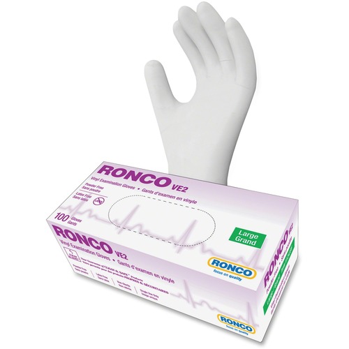 RONCO VE2 Vinyl Powder Free Exam Gloves - Large Size - Vinyl, Polyvinyl Chloride (PVC) - Clear - Powder-free, Latex-free, Comfortable, Durable, Ambidextrous, Beaded Cuff - For Healthcare Working, Food, General Purpose, Cosmetology, Laboratory Application,