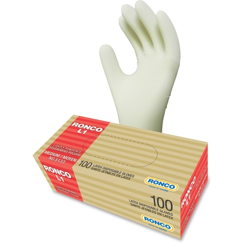 RONCO Lightly Powdered Latex Gloves - Medium Size - Natural Rubber - Natural - Powdered, Disposable, Flexible, Ambidextrous - For Industrial, Food, Printing, Hospitality, Beverage, Cleaning, Janitorial Use, Cosmetology - 100 / Box - 3 mil (0.08 mm) Thickn