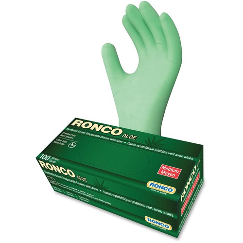 RONCO ALOE Synthetic Disposable Gloves - Medium Size - Green - Disposable, Powder-free, Durable, Flexible, Beaded Cuff, Ambidextrous, Latex-free, Comfortable - For Automotive, Dental, Environmental Service, Food, Beverage, Cosmetology, Electronic Repair/M