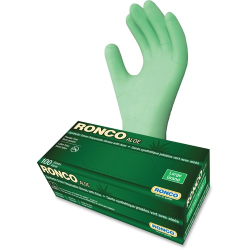 RONCO ALOE Synthetic Disposable Gloves - Large Size - For Right/Left Hand - Green - Disposable, Powder-free, Durable, Flexible, Beaded Cuff, Latex-free, Comfortable - For Automotive, Dental, Environmental Service, Food, Beverage, Cosmetology, Electronic R = RON647