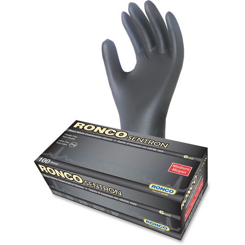 RONCO Sentron Nitrile Powder Free Gloves - Medium Size - Textured - Nitrile - Black - Powder-free, Oil Resistant, Solvent Resistant, Tear Resistant, Puncture Resistant, Disposable, Latex-free - Medium