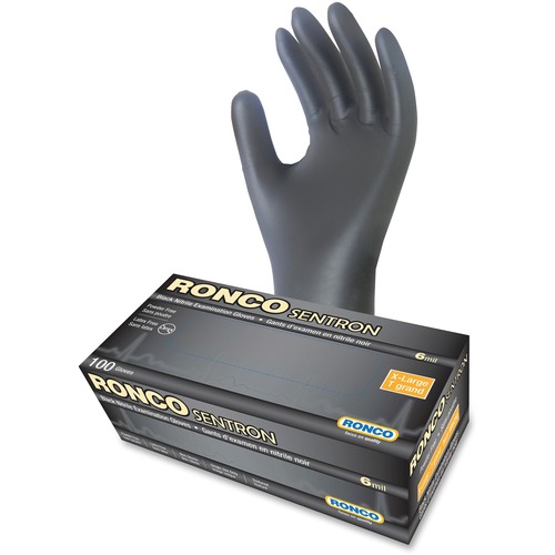 RONCO Sentron Nitrile Powder Free Gloves - X-Large Size - Textured - Nitrile - Black - Powder-free, Oil Resistant, Solvent Resistant, Tear Resistant, Puncture Resistant, Disposable, Latex-free - For Industrial, Automotive, Inspection, Military, Security,  - Gloves - RON962XL