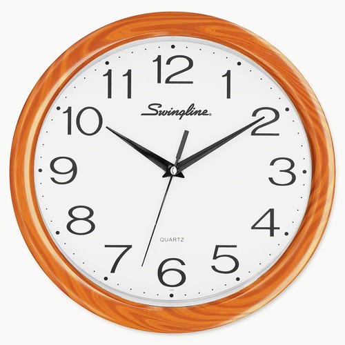 Swingline 12" Woodgrain Round Wall Clock - Analog - Quartz - White Main Dial - Polystyrene Case - Faux Wood Finish