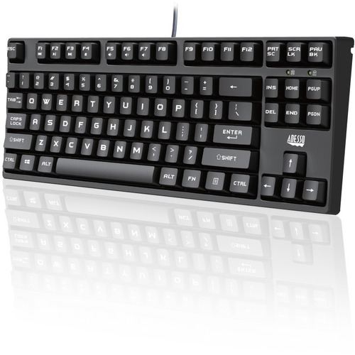 Adesso Compact Mechanical Gaming Keyboard - Cable Connectivity - USB Interface - 87 Key Volume Down, Volume Up, Play/Pause, Stop, Mute, Next Track, Previous Track, Windows Lock Key Hot Key(s) - English (US) - QWERTY Layout - Computer - PC, Mac - Mechanica