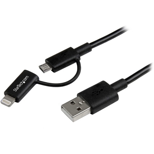 StarTech.com 1m (3 ft) Black Apple 8-pin Lightning Connector or Micro USB to USB Combo Cable for iPhone / iPod / iPad - Charge or sync your Micro USB, iPhone, iPod or iPad device using a single cable - Charge your Android or Apple mobile device - 1m (3 ft