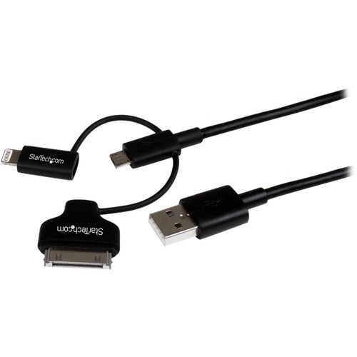 StarTech.com 1m (3 ft) Black Apple 8-pin Lightning or 30-pin Dock Connector or Micro USB to USB Combo Cable for iPhone / iPod / iPad - Charge or sync a Micro USB, iPhone, iPod or iPad device using a single cable - Charge an Android or Apple mobile device 