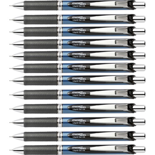 EnerGel EnerGel RTX Liquid Gel Pen - Medium Pen Point - 0.7 mm Pen Point Size - Needle Pen Point Style - Refillable - Retractable - Black Gel-based Ink - Black, Stainless Steel, Blue Barrel - Metal Tip - 1 Dozen