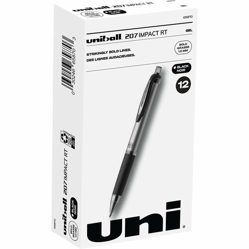 uniball™ 207 Impact RT Gel Pens - Bold Pen Point - 1 mm Pen Point Size - Refillable - Retractable - Black Gel-based Ink - Metallic Barrel - 1 Dozen
