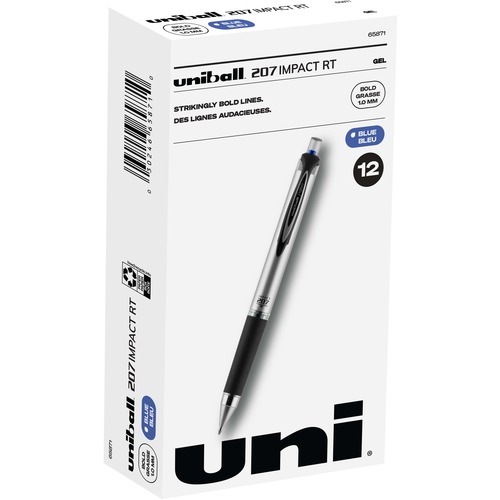 uniball™ 207 Impact RT Gel Pens - Bold Pen Point - 1 mm Pen Point Size - Refillable - Retractable - Blue Gel-based Ink - Metallic Barrel - 1 Dozen