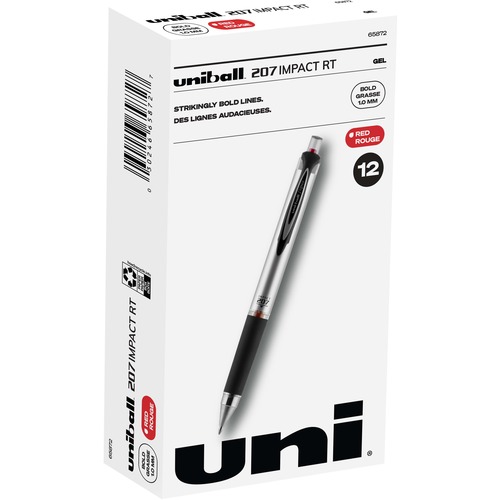 uniball™ 207 Impact RT Gel Pens - Bold Pen Point - 1 mm Pen Point Size - Refillable - Retractable - Red Gel-based Ink - Metallic Barrel - 1 Dozen