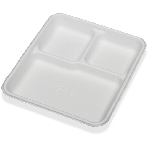 SKILCRAFT 3 Compartment Disposable Plates - Disposable - White - Paper, Fiber Body - 500 / Carton