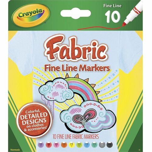 Crayola Bright Fabric Markers - Fine Marker Point - Black, Blue, Brown, White, Gray, Lime, Pink, Red, Teal, Yellow - 10 / Set